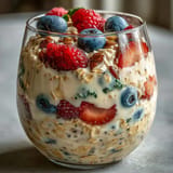 A beautiful jar of fiber-rich overnight oats with fresh berry topping.