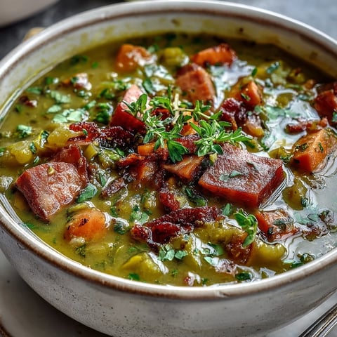 Steaming bowl of Split Pea and Ham Soup with diced carrots and tender peas, served alongside crusty artisan bread.