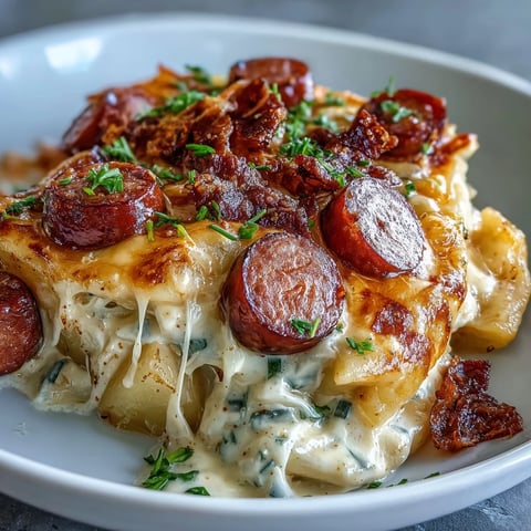 Golden, bubbly cheddar cheese blankets tender potato pierogi and smoky kielbasa in a comforting crockpot casserole, ready to serve.