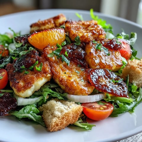 Golden-fried halloumi and blood orange slices rest on a green salad with sourdough croutons. 