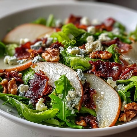 Fresh frisée lettuce topped with sliced sweet pears, crumbled tangy blue cheese, crispy prosciutto pieces, and toasted walnuts, all tossed in a honey-Dijon vinaigrette.