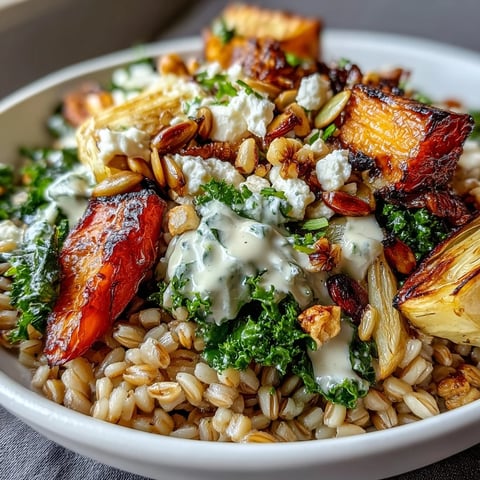 A warm bowl of Hearty Winter Grain Bowl with roasted root vegetables and a creamy tahini dressing. Perfect for a cozy, healthy dinner.