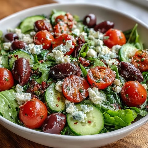 A vibrant Mediterranean Green Salad Bowl with crisp spring mix, juicy tomatoes, and briny Kalamata olives topped with creamy feta.  