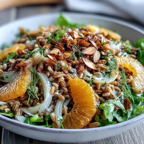 A vibrant bowl of Farro Salad with Fennel, Oranges & Almonds, showcasing toasted almonds and bright citrus segments on a bed of grains.
