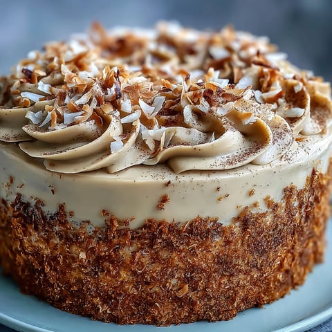 Freshly frosted Vegan Hojicha Latte Cake with toasted coconut flakes, showcasing a moist crumb and creamy topping.