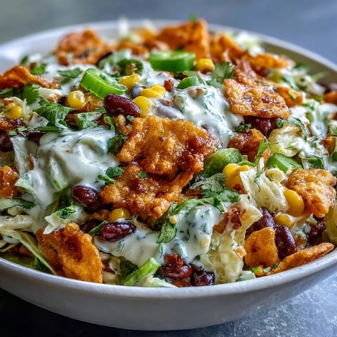 A close-up of Frito Cowboy Cabbage salad in a white bowl, showcasing crunchy Chili Cheese Fritos, black beans, and colorful bell peppers.