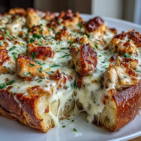 Golden-baked Chicken Alfredo Garlic Bread topped with melted mozzarella and cheddar, garnished with fresh parsley.