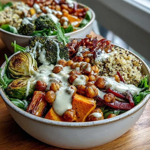 Freshly roasted vegetables and crispy chickpeas are tossed in a creamy maple Dijon tahini dressing.