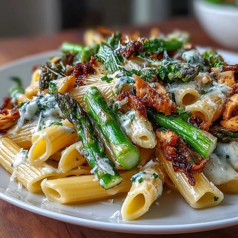 Golden, crispy Parmesan and Asiago roasted asparagus slices rest atop creamy penne pasta with tender sliced chicken in a lemon-scented sauce.