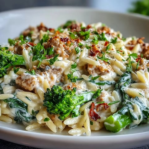 Creamy Garlic Turkey & Broccoli Orzo served hot, with tender turkey and bright green broccoli florets in a rich parmesan sauce.