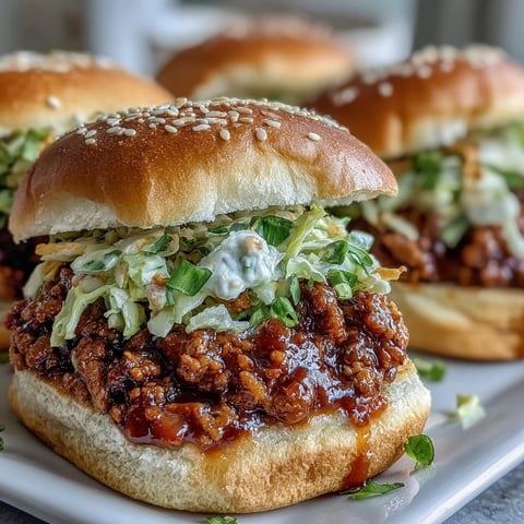 Freshly made Korean Turkey Sloppy Joe Sliders are stacked on soft buns with a vibrant, crunchy slaw topping. 