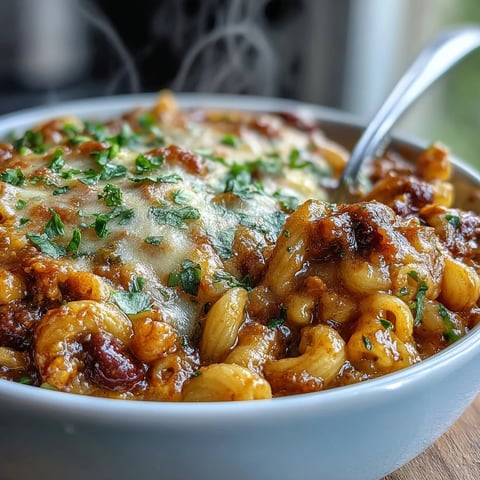 A steaming bowl of One-Pot Tex-Mex Chili Mac with Corn, topped with melted cheddar and fresh cilantro, served beside tortilla chips.