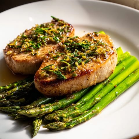 Vibrant image of One-Pan Lemon Herb Pork Chops, surrounded by roasted asparagus and fresh herbs.