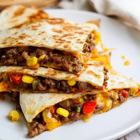 A close-up of delicious Sheet Pan Quesadillas: golden brown tortillas, oozing cheese and colorful veggies.