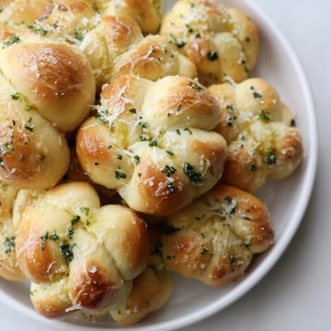 Warm, soft Homemade Garlic Knots glistening from garlic butter, ready to be served and devoured.