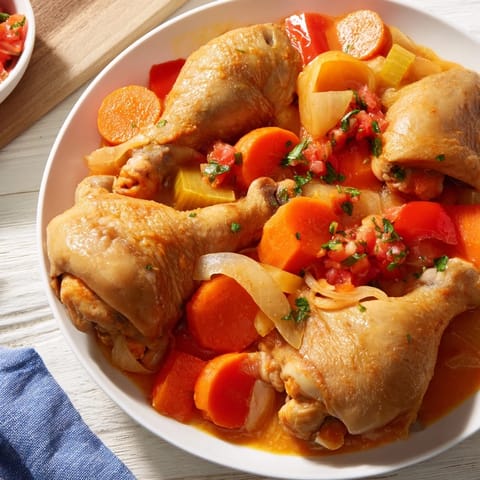 A close-up shot of the Georgia Pot Roast Chicken, featuring succulent chicken surrounded by tender vegetables.