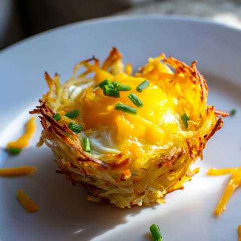 Warm, appetizing photo: a fork cutting into creamy yolk within delicious Crispy Hashbrown Egg Nests.