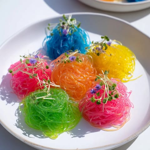 Chilled neon noodle clouds, a colorful & fun appetizer, ready to be enjoyed with flavorful dipping sauce.