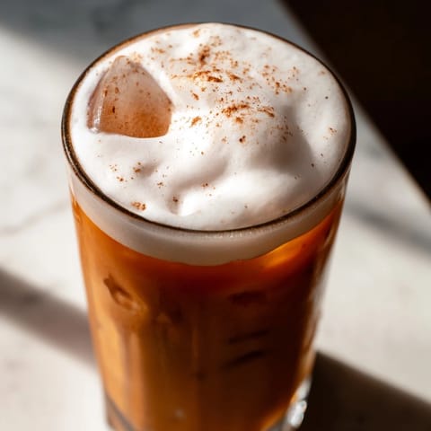 A refreshing Iced Chai Tea with Cold Foam served in a clear tumbler, showing delicate foam and cinnamon dusting for a cozy afternoon pick-me-up.  