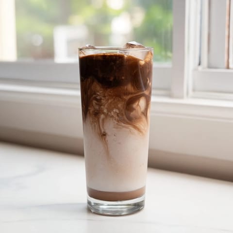 A close-up of a tall iced latte with a perfect swirl of Milo and milk, ready for a quick, energizing sip.  