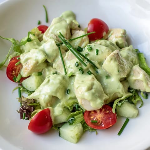 Creamy avocado ranch chicken salad topped with juicy chicken chunks, celery, red onion, and fresh herbs.