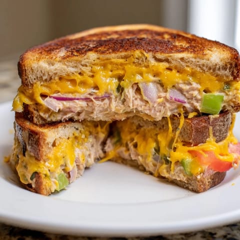 A close-up of a spicy tuna melt sandwich on sourdough, featuring gooey melted cheddar and a vibrant red tomato layer.