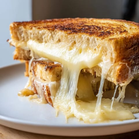 Three-cheese grilled cheese ready to dip in creamy tomato soup for lunch.