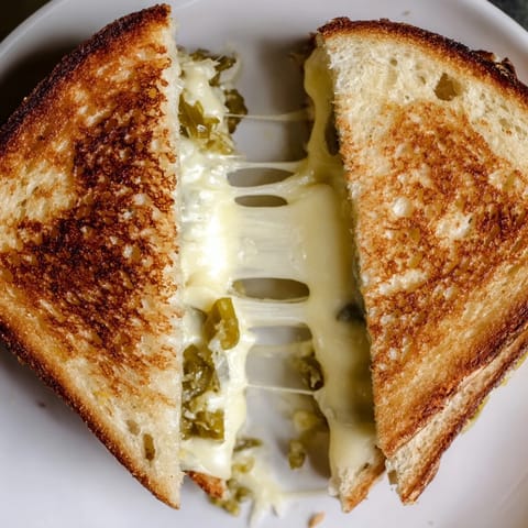 Thick sourdough slices with pepper jack and pickled jalapeños, ready to serve.