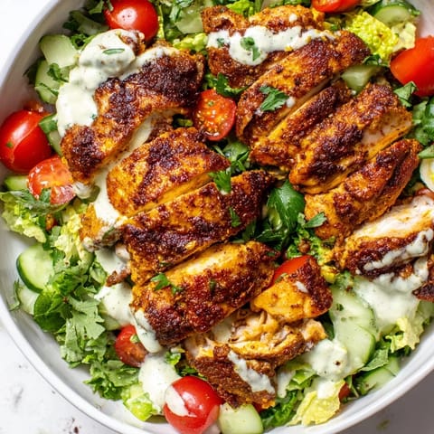 Tender marinated chicken Shawarma Salad Bowl served over mixed greens with fresh herbs, red onions, and a bright drizzle of lemony garlic yogurt sauce.