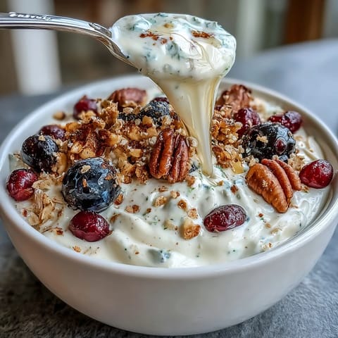 A close-up of the Yogurt Bowl with Winter Berries and Spiced Crunch, featuring creamy yogurt topped with vibrant berries and a golden, oat-based topping. 