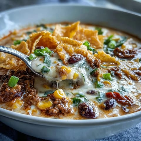 Hearty bowl of Creamy Taco Soup with shredded cheddar, a swirl of sour cream, and crushed tortilla chips.