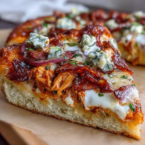 Buffalo Chicken Pizza topped with ranch dressing, red onion slices, and blue cheese crumbles, ready to slice on a rustic wooden board.