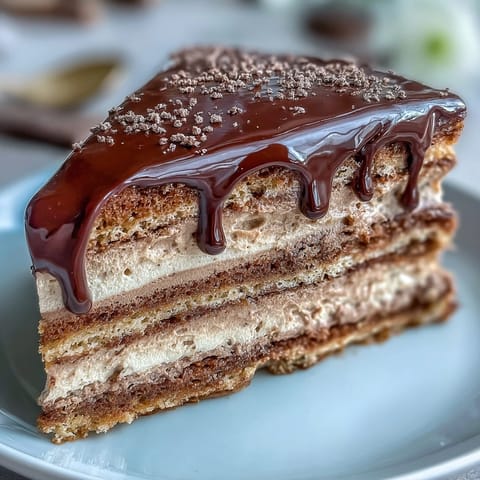 Two-layer Hojicha Butter Cream Cake showing roasted tea buttercream and dark chocolate ganache drip.