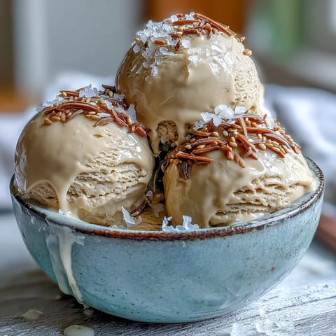 A chilled glass dish filled with creamy, caramel-toned Hojicha Ice Cream, garnished with a delicate green tea leaf.