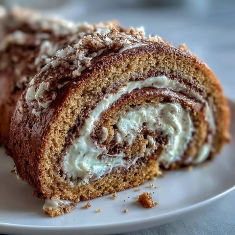 A freshly sliced Hojicha Roll Cake showing the tender sponge and rich roasted green tea cream, ready to serve.