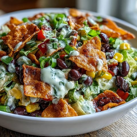 Freshly tossed Frito Cowboy Cabbage salad with a creamy chipotle dressing, topped with extra Fritos, cilantro, and sliced green onions.