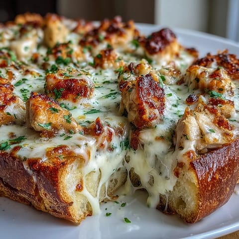 Golden-baked Chicken Alfredo Garlic Bread topped with melted mozzarella and cheddar, garnished with fresh parsley.