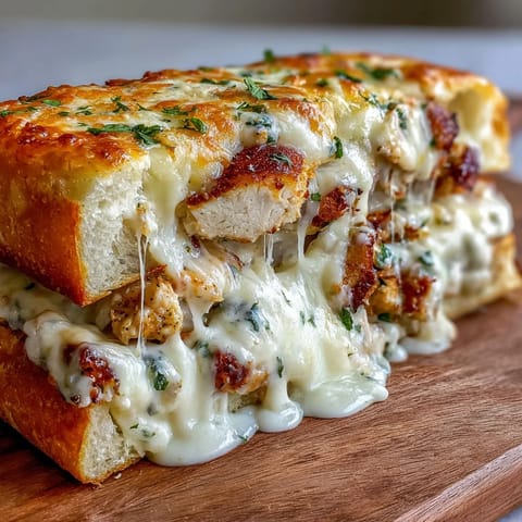 Freshly baked Chicken Alfredo Garlic Bread served warm with extra creamy Alfredo sauce for dipping.