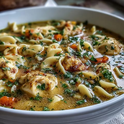 Creamy Coconut Ginger Turmeric Chicken Soup featuring tender chicken pieces, vibrant turmeric hues, and diced carrots in a ladle.