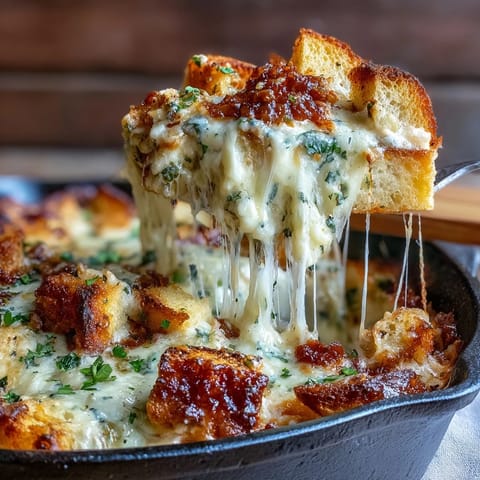 Ground beef and marinara sauce layered with garlic bread cubes inside a cast-iron skillet.