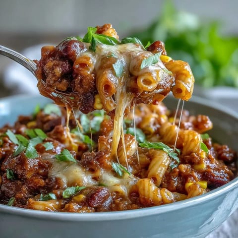 A spoon lifts a gooey serving of One-Pot Tex-Mex Chili Mac with Corn, revealing black beans and pasta.