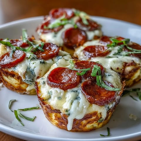 Golden-brown High-Protein Pepperoni Breakfast Cups sit in a muffin tin, bubbling with mozzarella and speckled with diced red bell peppers.