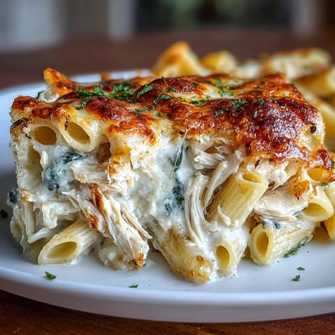 Creamy Greek Yogurt Chicken Alfredo Bake plated with penne pasta, shredded chicken, and wilted spinach for a healthy weeknight dinner.