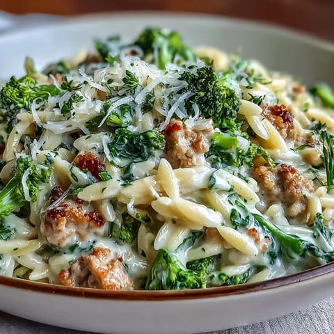 Creamy Garlic Turkey & Broccoli Orzo served hot with extra Parmesan and a lemon wedge.