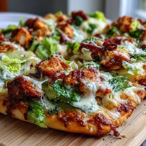 Golden Garlic Naan Chicken Caesar Pizzas fresh from the oven topped with crisp romaine and melted mozzarella.