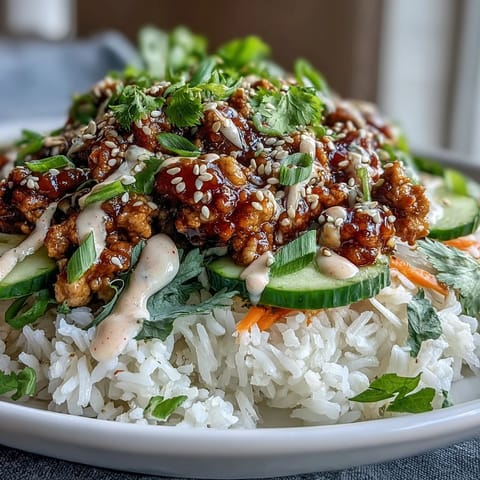 A close-up of Spicy Bang Bang Turkey Rice Bowls showing creamy sauce drizzled over ground turkey and crisp vegetables.  