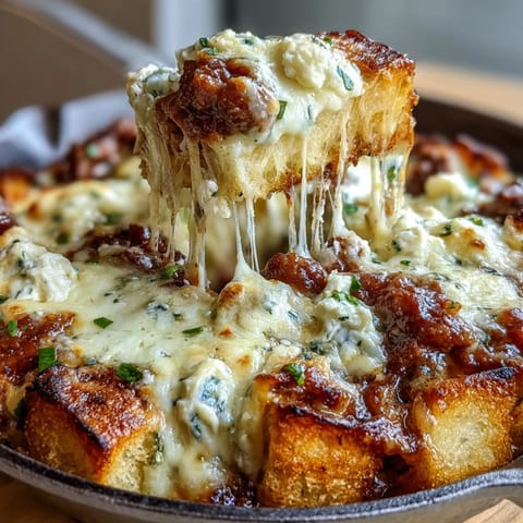 Golden, bubbly mozzarella and ricotta melt over layers of garlic bread cubes and rich beef sauce in a cast-iron skillet for this Cheesy Garlic Bread Lasagna Skillet.