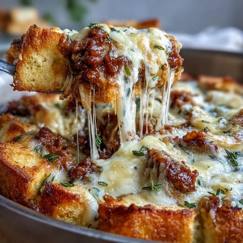 A close-up of the Cheesy Garlic Bread Lasagna Skillet shows golden, bubbling mozzarella and ricotta over layers of garlic bread cubes and a rich beef tomato sauce.