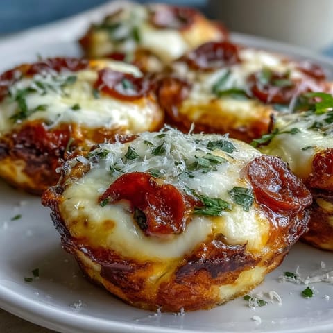 Golden-brown High-Protein Pepperoni Breakfast Cups fresh from the oven, melted mozzarella bubbling over the edges of the muffin tin.