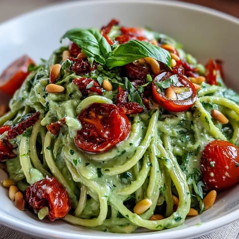 Creamy avocado lime pasta with cherry tomatoes in a vibrant green sauce, garnished with fresh basil and toasted pine nuts for added crunch.  